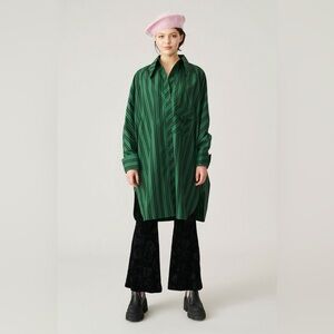 GANNI Oversized Striped Organic Cotton-poplin Mini Shirt Dress Green Black L XL